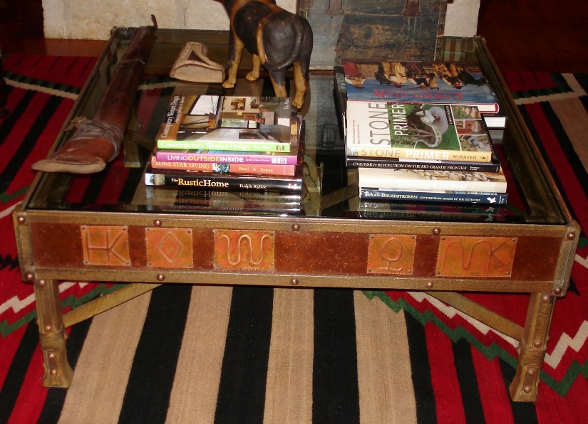 Hand Forged Steel Coffee Table with Customized Copper Ranch Brand Plates
